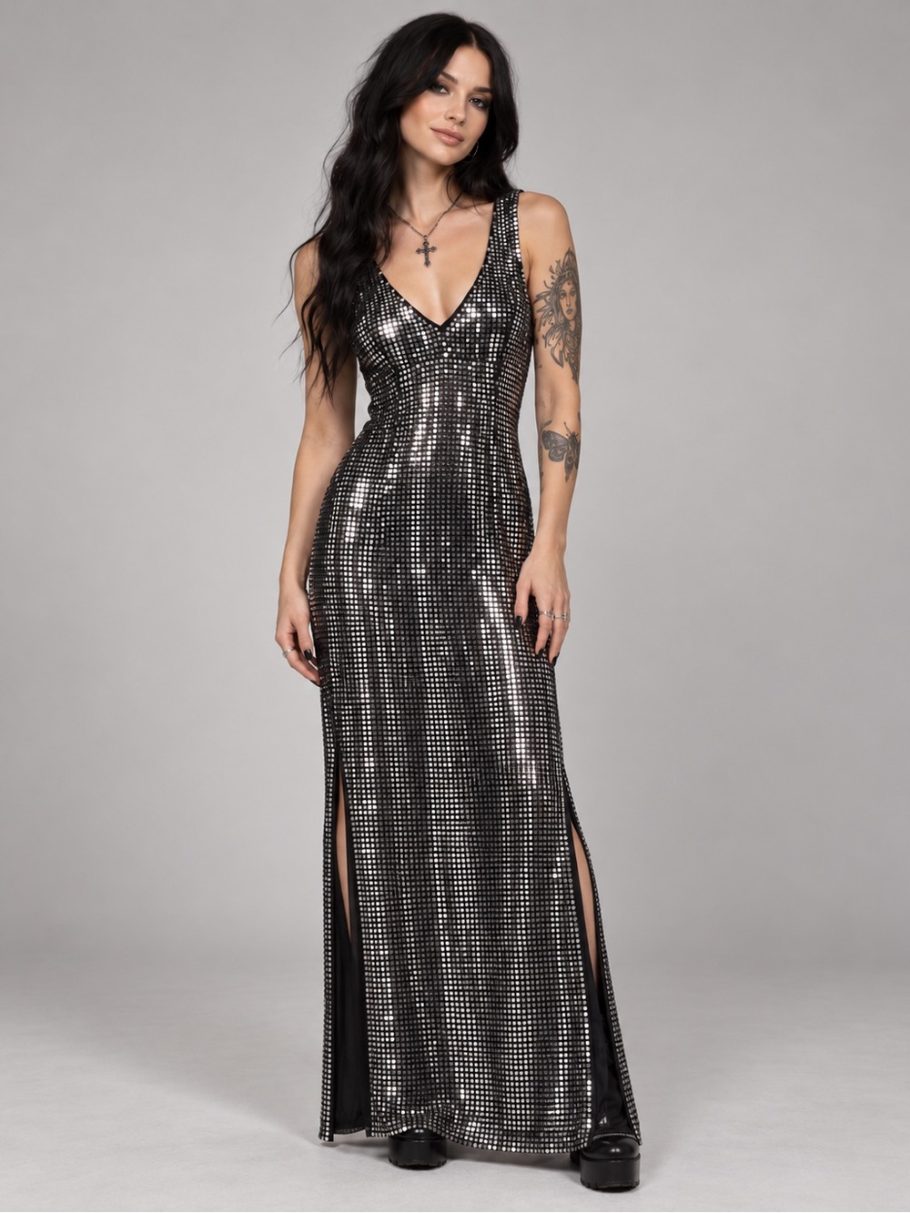Vintage Lip Service Los Angeles Silver Mirror Disc Maxi Dress Goth Clubwear